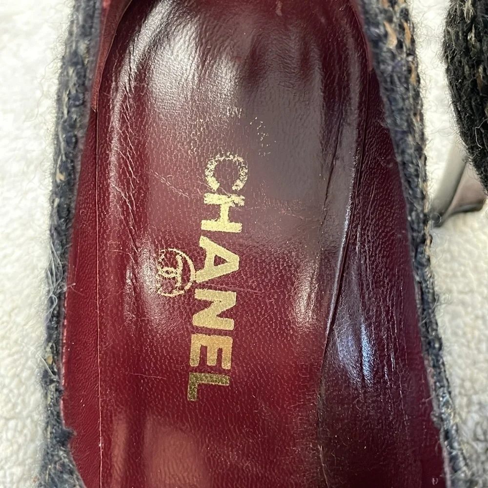 Vintage Chanel Tweed Squared Pointed Toe Lace Up Oxford Heels Sz 39.5
